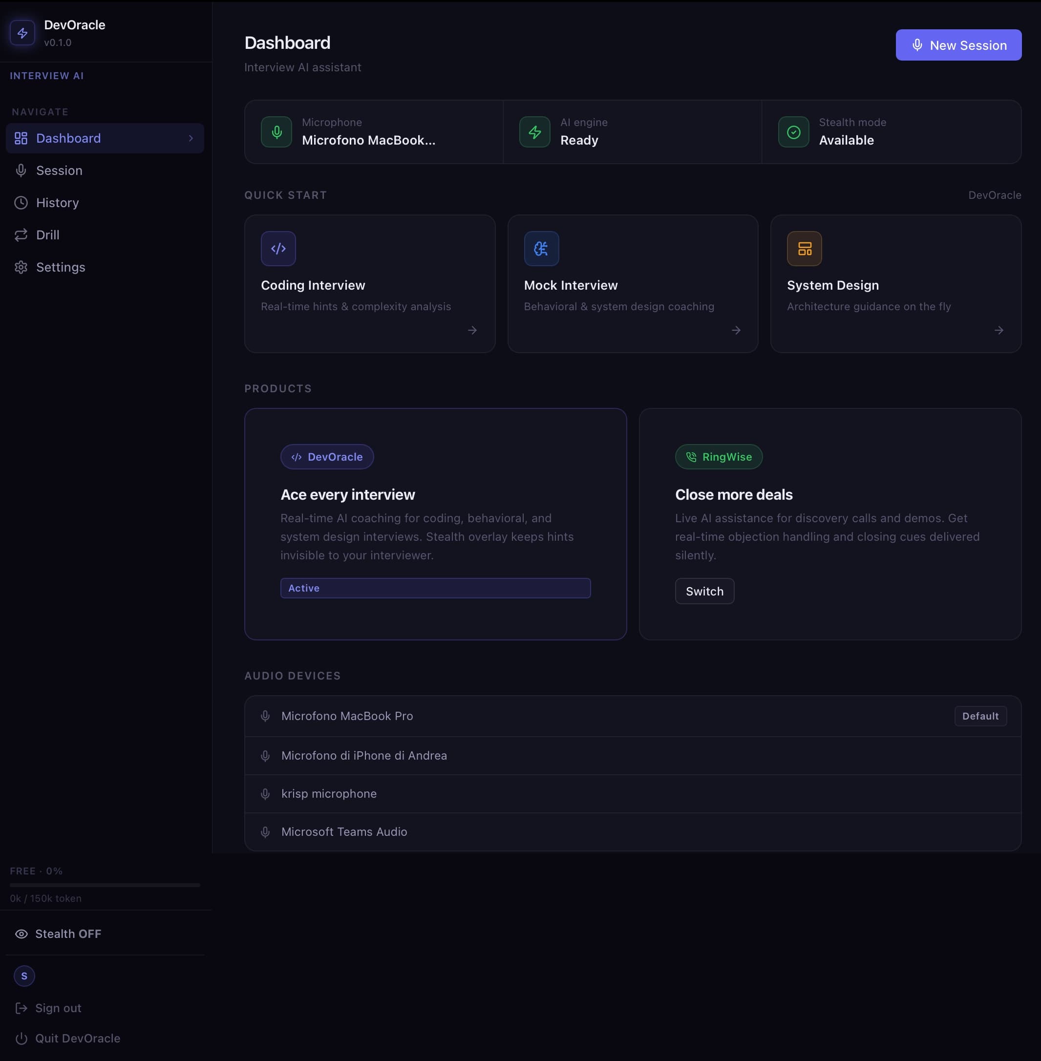 DevOracle desktop app: live AI interview coaching hints beside a video call